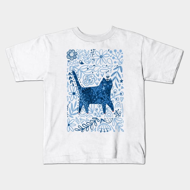 Blue floral cat Kids T-Shirt by kostolom3000